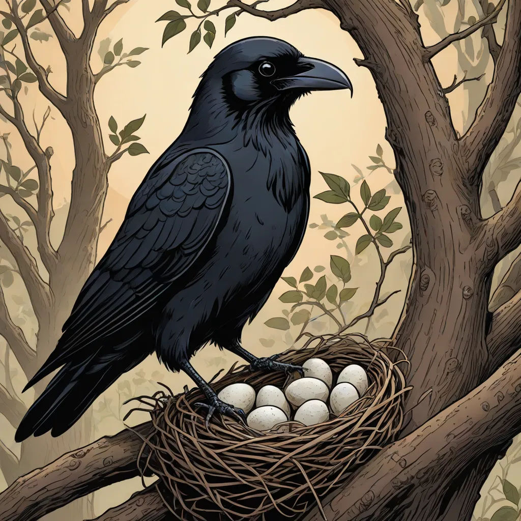 a black bird sitting on top of a nest on a tree branch with eggs in it's nest, gothic art, a storybook illustration, Dan Mumford, highly detailed digital painting
