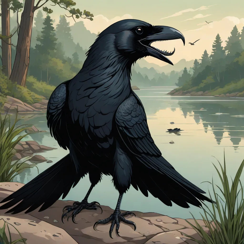 a black bird with a large beak standing on a rock near a lake and trees with a bird in the background, fantasy art, a storybook illustration, Dan Mumford, highly detailed digital painting