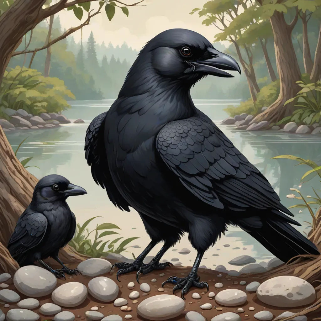 two black birds sitting on a branch in a forest next to a river and rocks and trees with a few birds on it, altermodern, an album cover, Dan Mumford, magic the gathering artwork