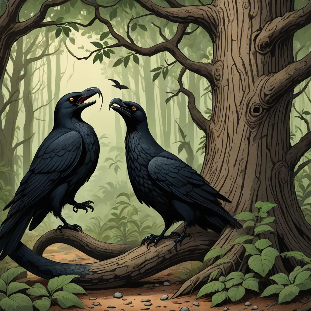 two black birds sitting on a tree branch in a forest with a bird pecking at it's mouth, fantasy art, a storybook illustration, Dan Mumford, birds