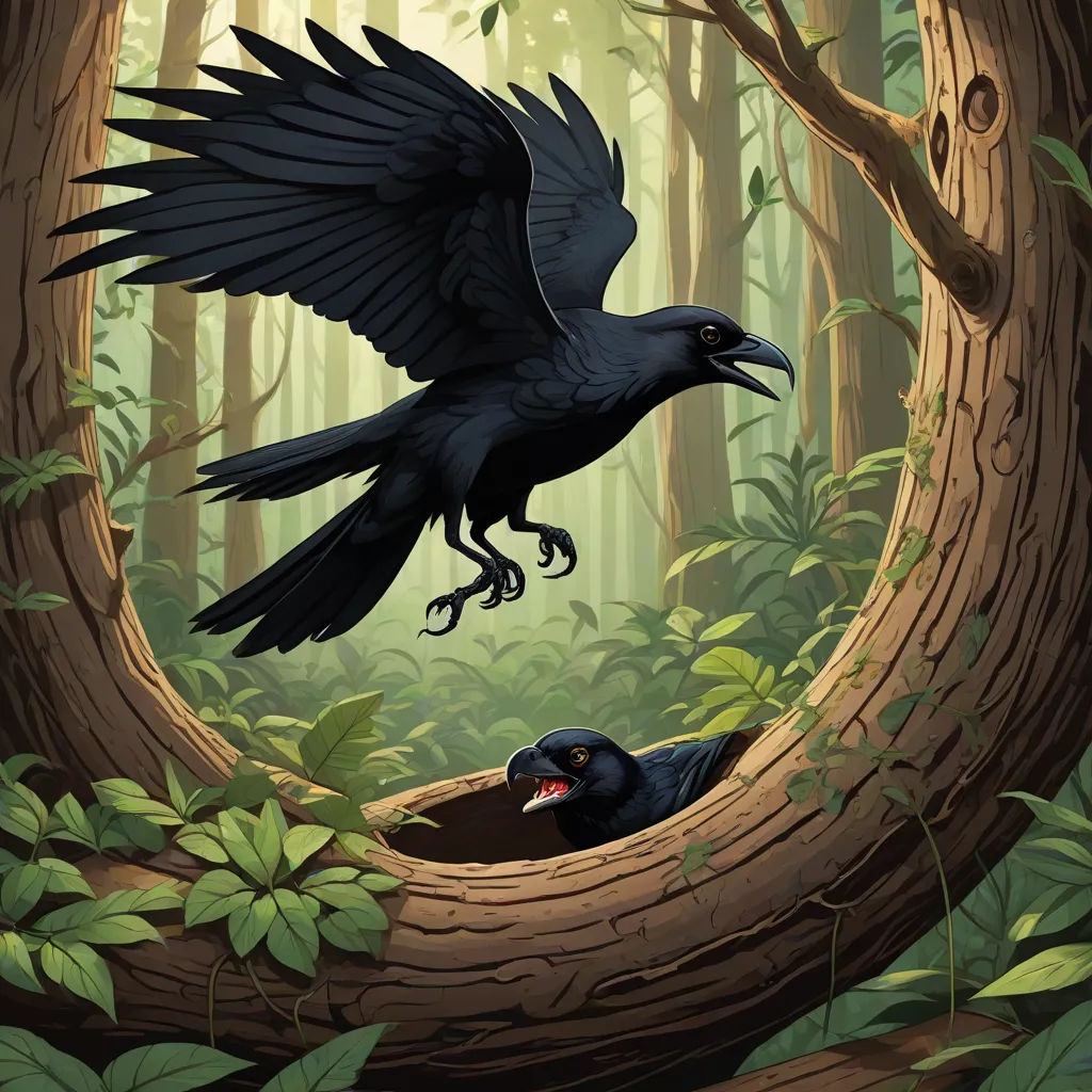 a bird flying over a black bird in a forest filled with trees and leaves, with another bird in the foreground, fantasy art, a storybook illustration, Dan Mumford, storybook illustration