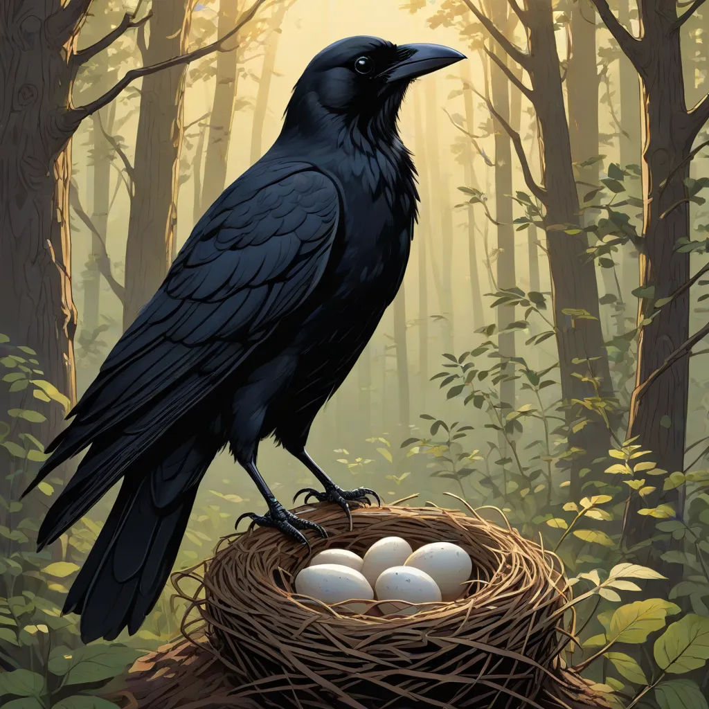 a black bird sitting on top of a nest with eggs in it's nest in the woods near trees, fantasy art, a storybook illustration, Dan Mumford, highly detailed digital painting