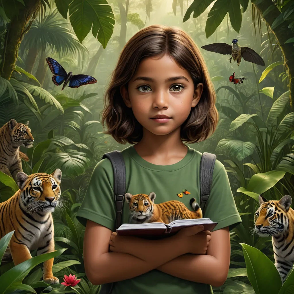 a girl with a book and two tigers in the jungle with butterflies and butterflies flying around her, and a tiger cub in her arms, sumatraism, a storybook illustration, Chris LaBrooy, highly detailed digital painting