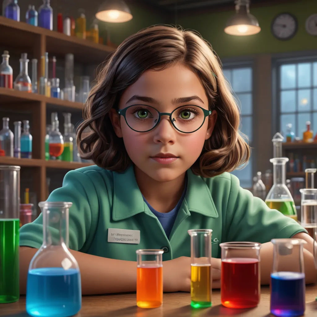 a little girl sitting at a table with a lot of colorful liquid in front of her and a shelf full of bottles, american scene painting, computer graphics, Chris LaBrooy, ultra realistic digital art