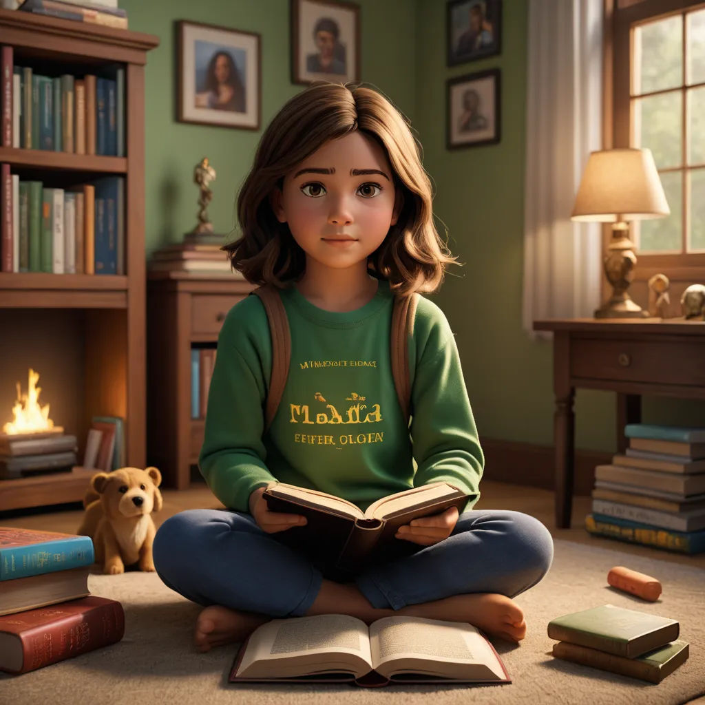 a girl sitting on the floor reading a book in a room with books and a teddy bear on the floor, photorealism, a storybook illustration, disney, cgstudio