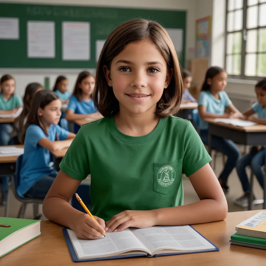 a girl sitting at a desk with a book and pencil in front of her and other children in the background, barbizon school, a stock photo, Christian Hilfgott Brand, promotional image