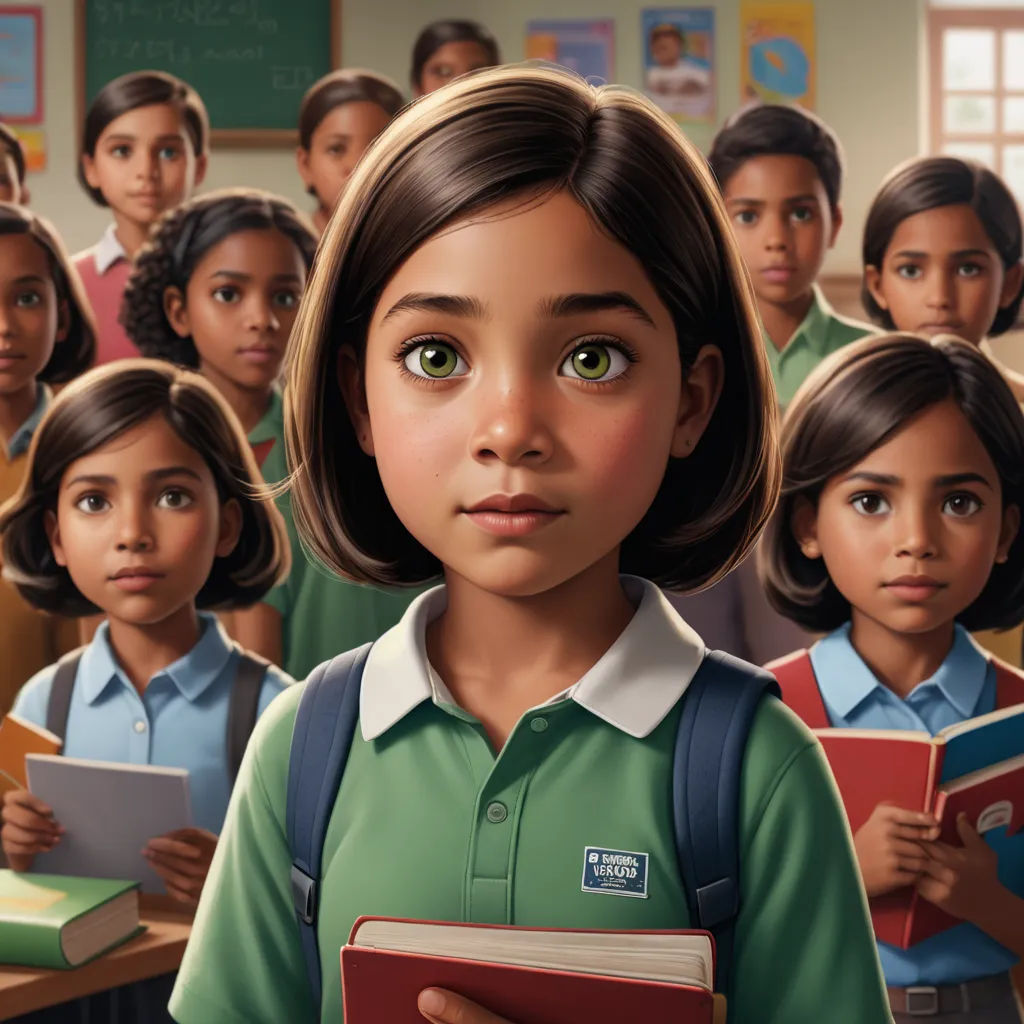 a girl in a green shirt is holding a book in front of a group of children in school uniforms, vancouver school, a storybook illustration, Chris LaBrooy, ultra realistic illustration