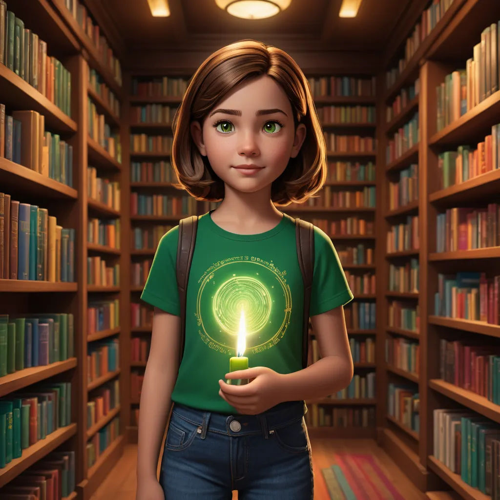 a girl holding a lit candle in a library with bookshelves behind her and a green light shining in the middle, rayonism, poster art, Ada Gladys Killins, promotional image