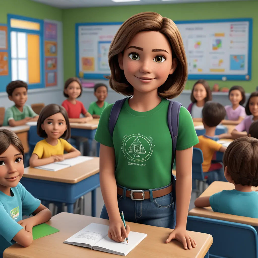 a cartoon girl standing in front of a classroom full of children with a notebook and pencil in her hand, paris school, a computer rendering, Ada Gladys Killins, promotional image