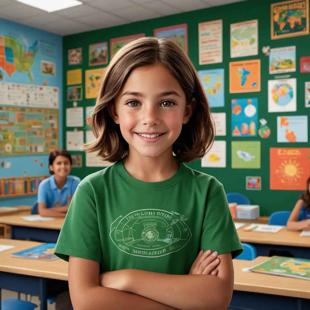 a young girl standing in a classroom with her arms crossed and smiling at the camera with other children in the background, american barbizon school, a computer rendering, Bob Byerley, promotional image