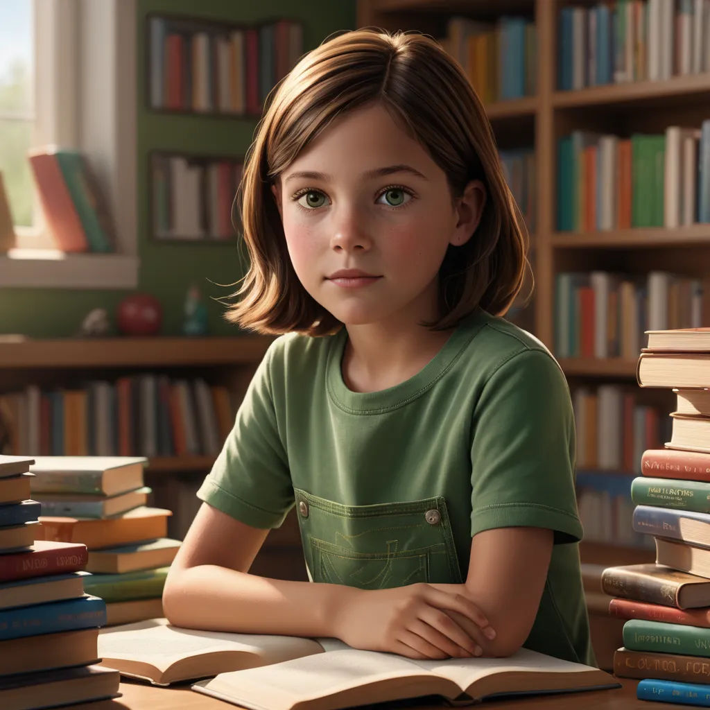 a girl sitting at a table with a book in front of her and a stack of books behind her, photorealism, a computer rendering, Alejandro Burdisio, cgstudio