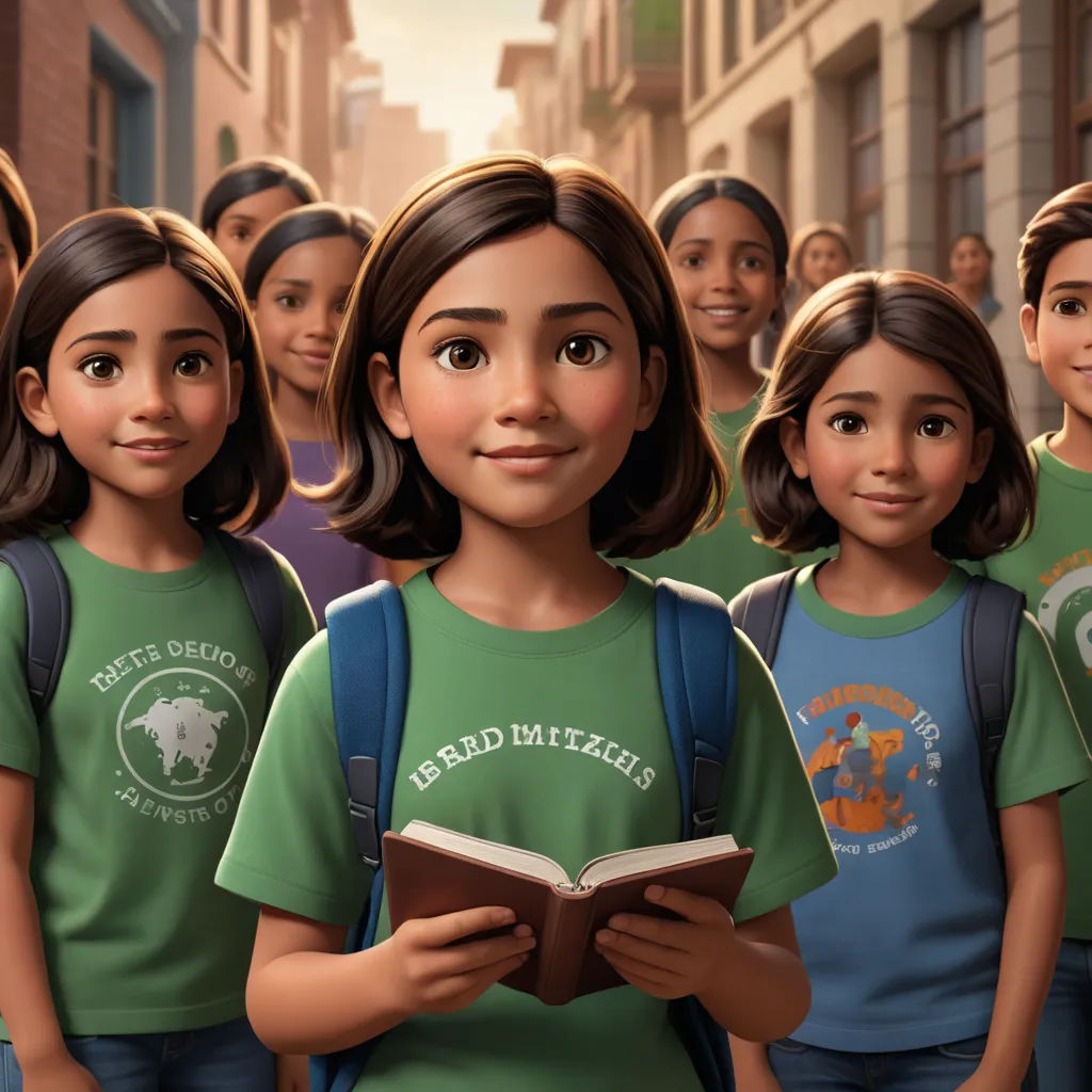 a group of children in green shirts standing in a line with a book in their hands and a city street in the background, antipodeans, concept art, Chris LaBrooy, promotional image