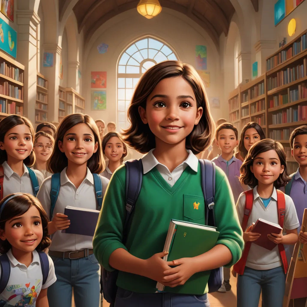 a cartoon of a girl standing in front of a group of children in a library with bookshelves, paris school, a storybook illustration, Chris LaBrooy, official art