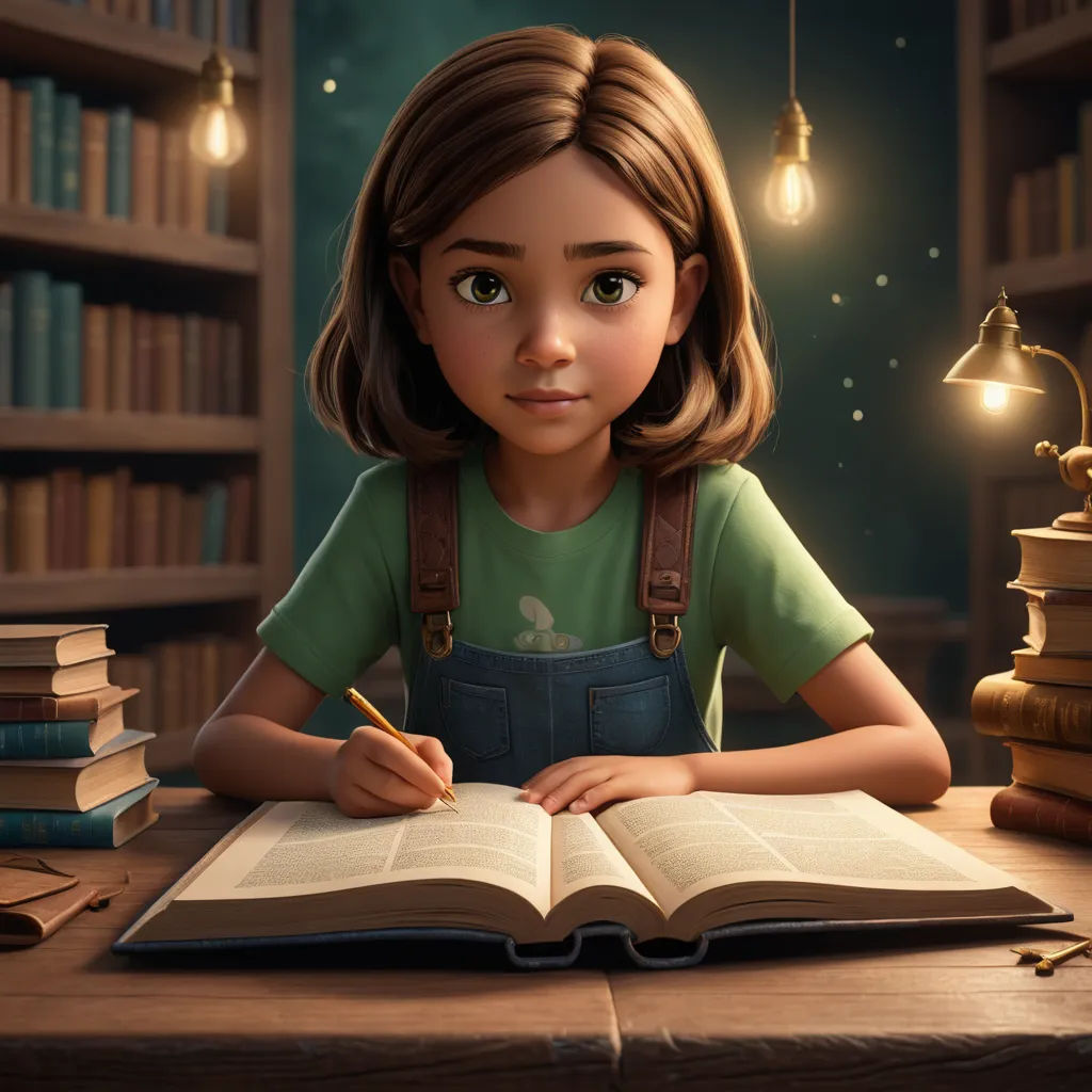 a girl sitting at a table with a book and pen in front of her and a lamp above her, photorealism, a storybook illustration, Chris LaBrooy, cgstudio