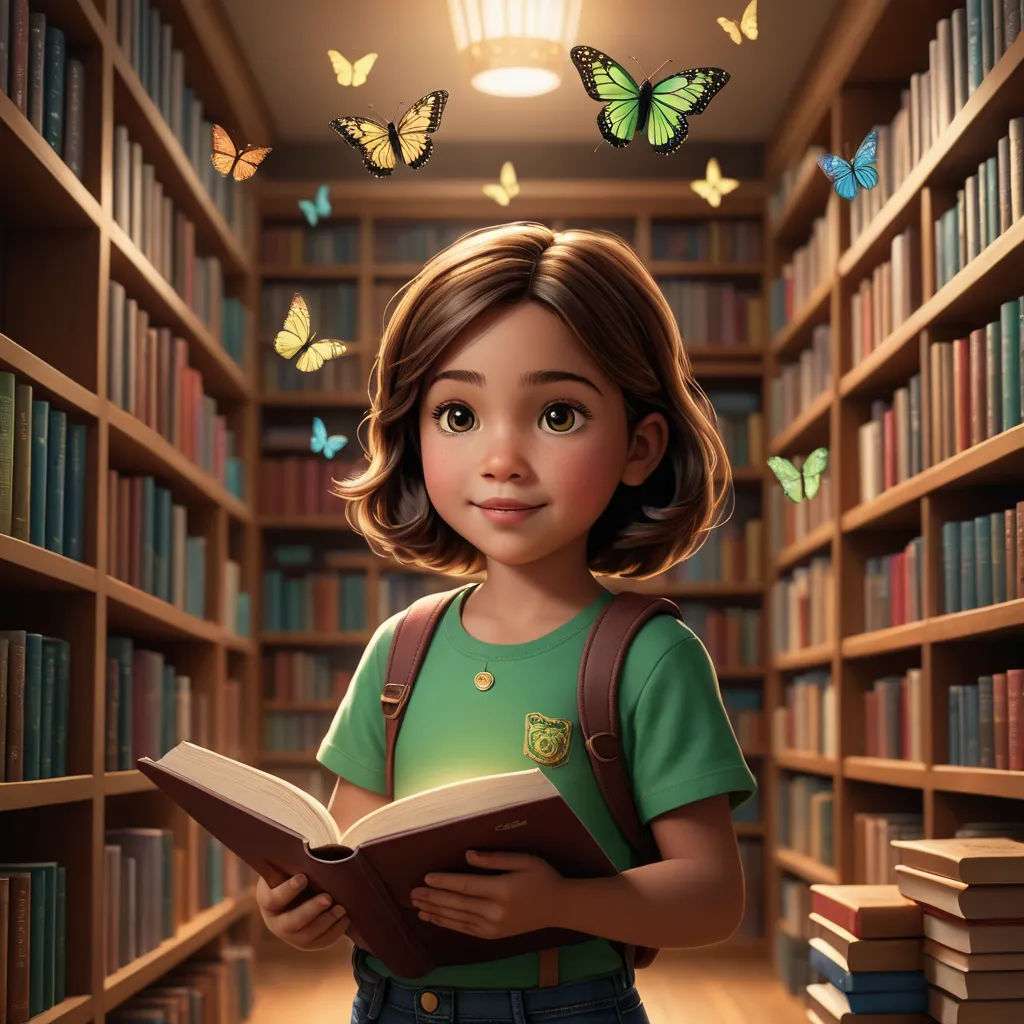 a girl reading a book in a library with butterflies flying overhead and a bookcase full of books behind her, sots art, a storybook illustration, Clarice Beckett, pixar and disney animation