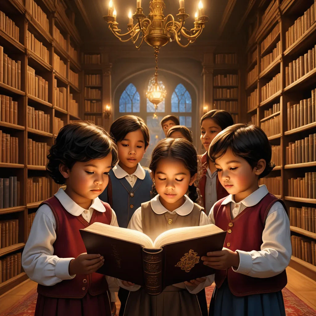 a group of children standing in a library reading a book together and looking at it with a chandelier in the background, fantasy art, a storybook illustration, Chris LaBrooy, storybook illustration
