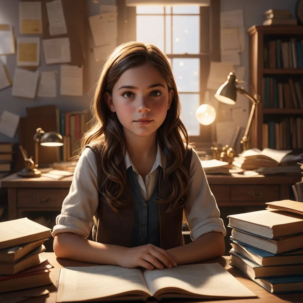 a girl sitting at a desk with a book in front of her and a lamp on the desk behind her, photorealism, a 3D render, Brad Kunkle, cgstudio