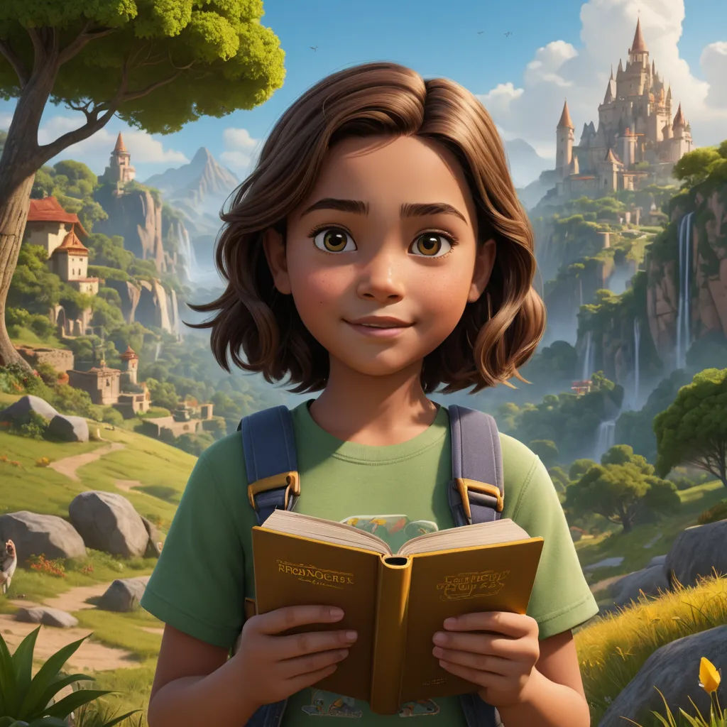 a young girl is holding a book in front of a mountain and a forest scene with a castle in the background, photorealism, a storybook illustration, Chris LaBrooy, unreal engine highly rendered
