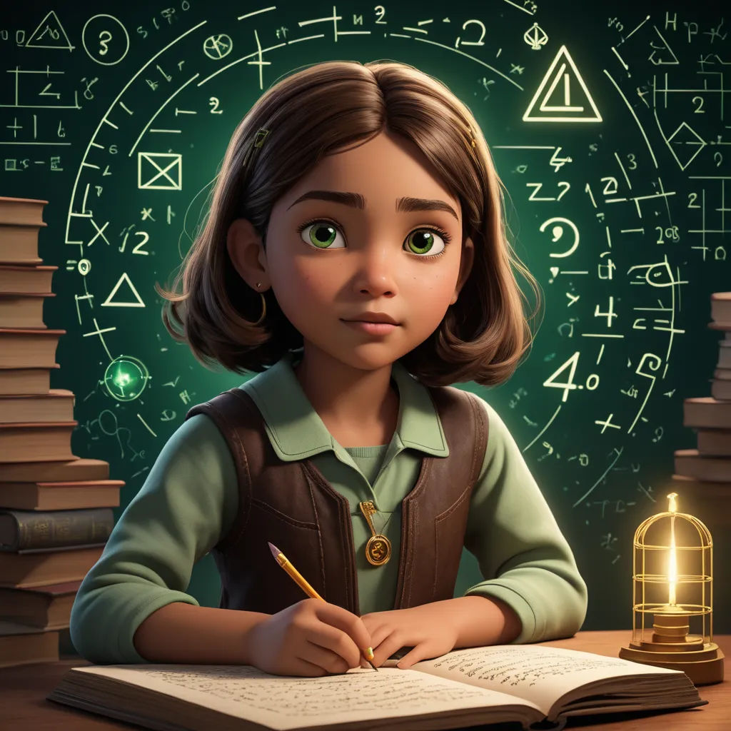 a girl is sitting at a desk with a book and pen in front of her and a green chalkboard with numbers and symbols behind her, sots art, a character portrait, Ada Gladys Killins, promotional image