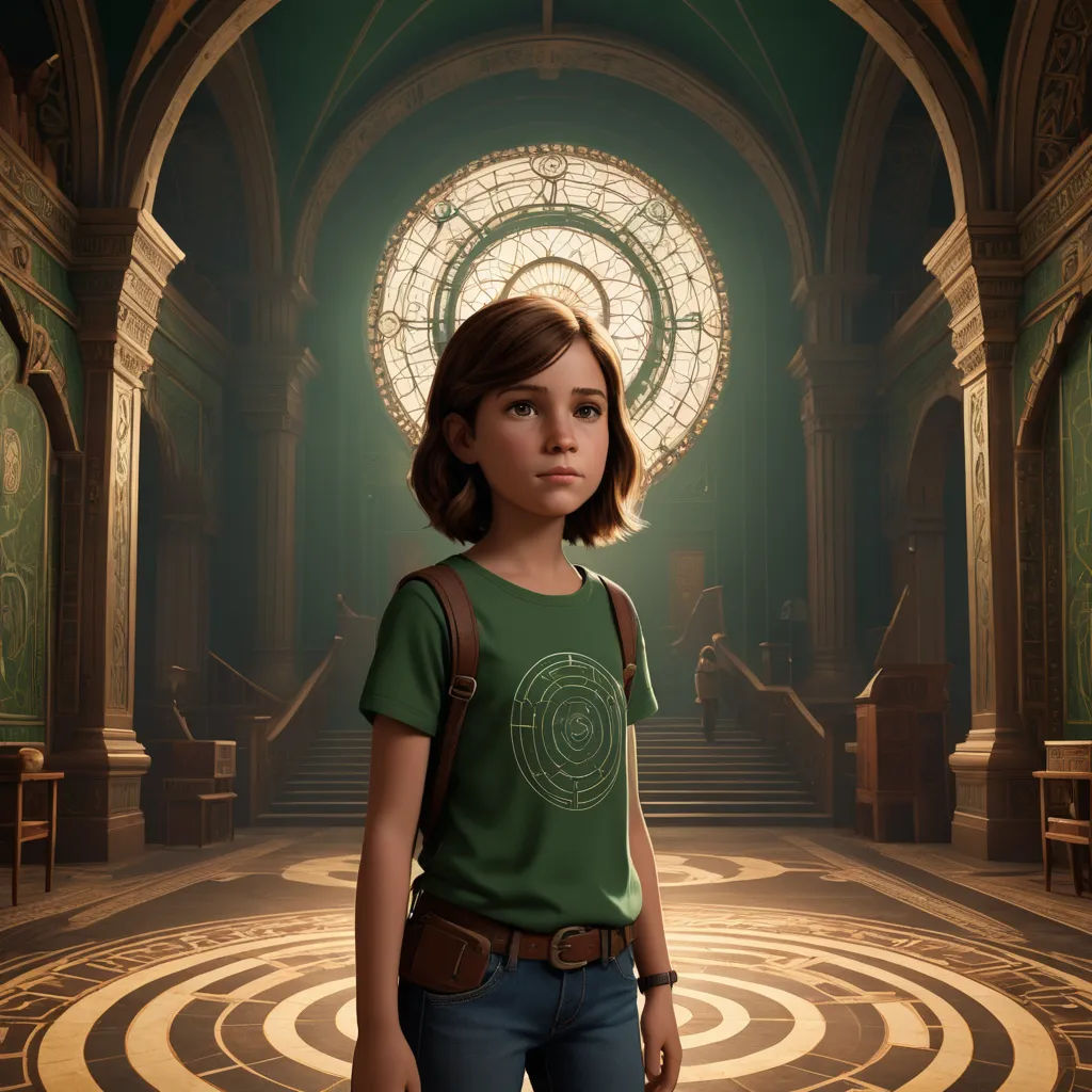 a young girl standing in a room with a circular window and a spiral design on the wall and floor, paris school, poster art, Cliff Childs, promotional image