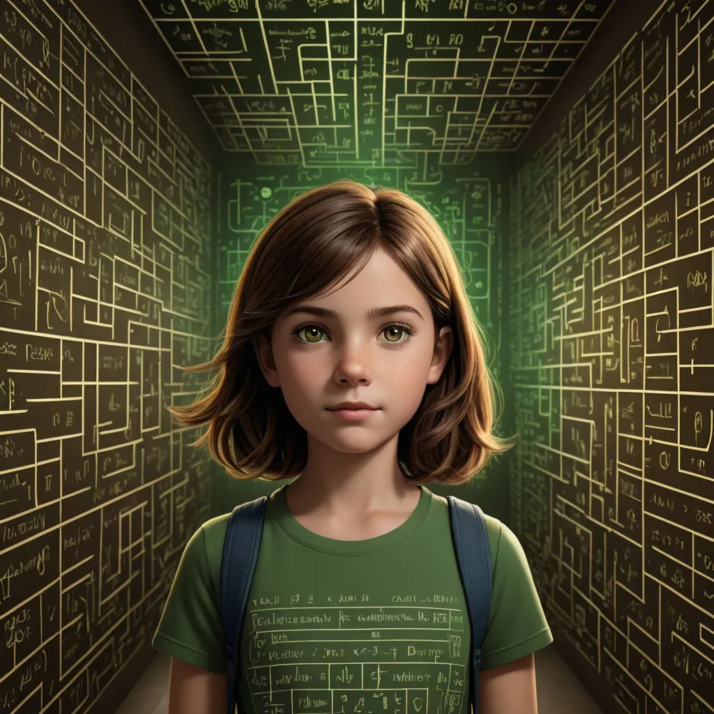 a girl in a green shirt is standing in a maze with a backpack on her shoulder and a green background, les automatistes, a computer rendering, Cliff Childs, promotional image