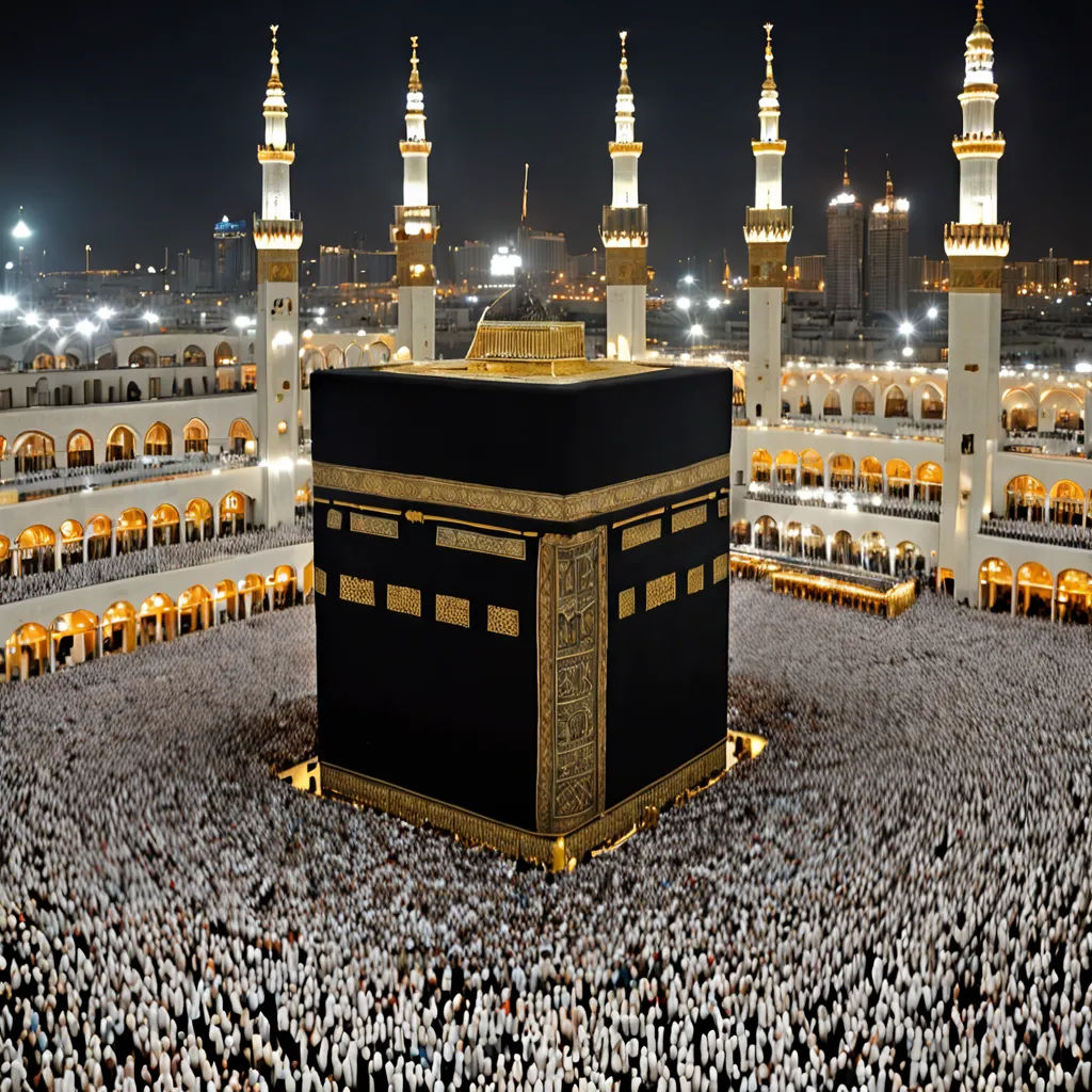 a large crowd of people surrounding a large black and gold building at night with lights on the top of the building, a mosaic, 4k uhd image, hurufiyya, Aya Goda