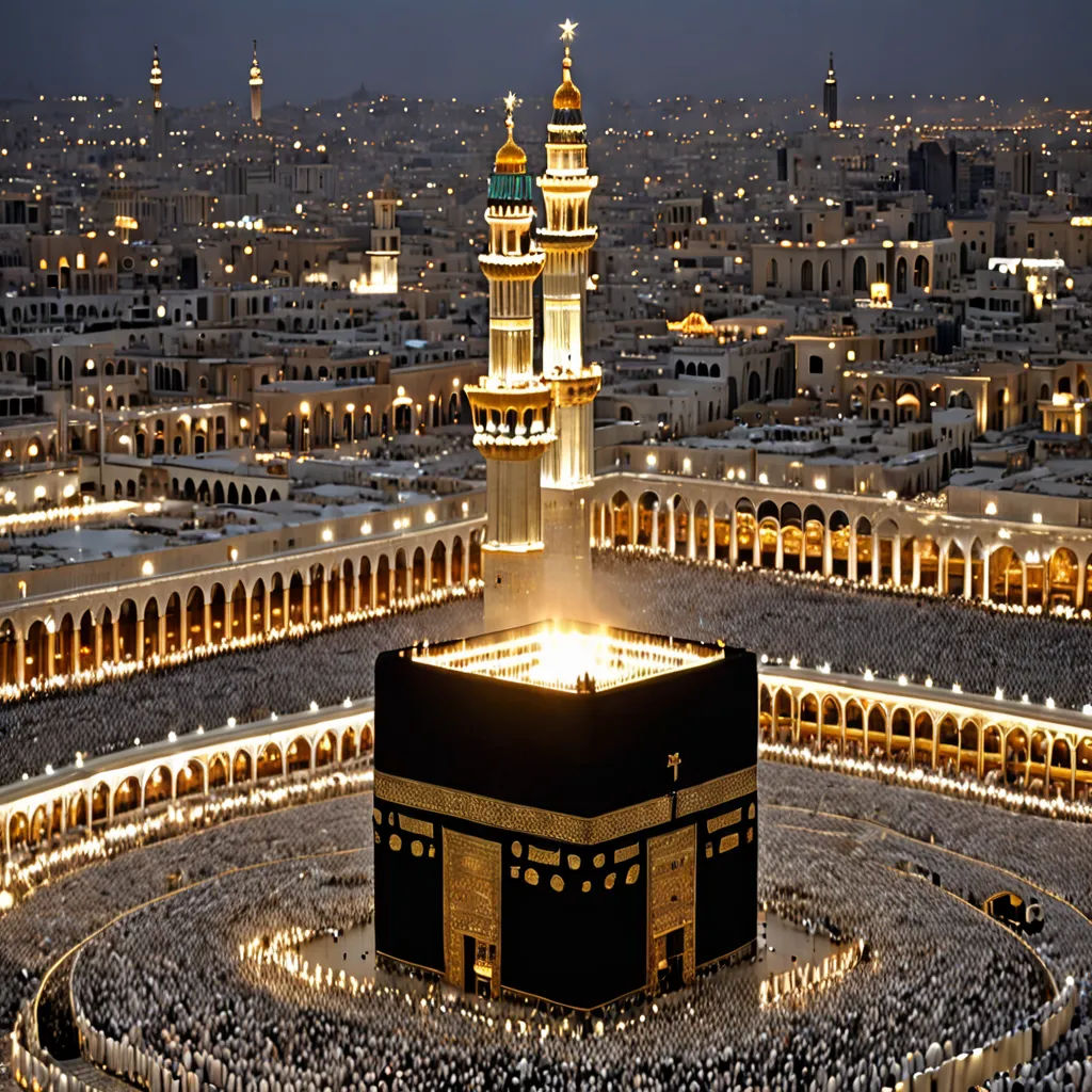 a large group of people around a large building with a clock tower in the middle of it at night, a digital rendering, very beautiful, hurufiyya, Aya Goda