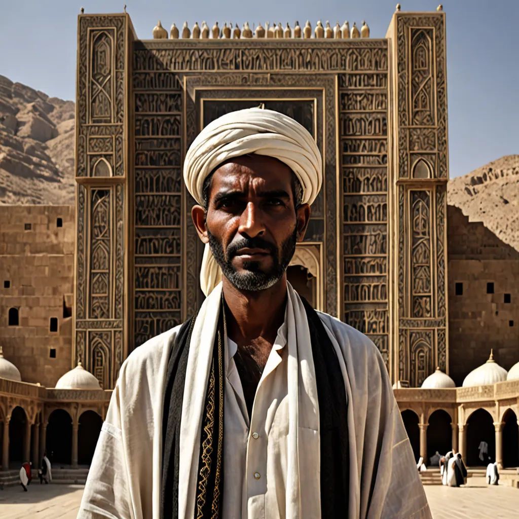 a man in a turban stands in front of a building in the desert with a large doorway, egyptian art, orientalism, sumatraism, Amir Zand