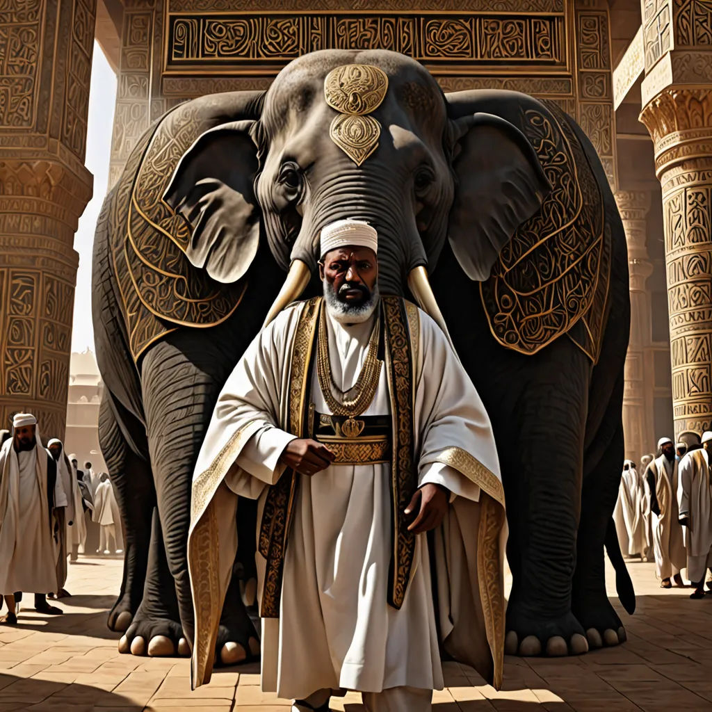 a man standing next to an elephant in a courtyard of a building with columns and pillars in the background, a detailed matte painting, orientalism, sumatraism, Clint Cearley