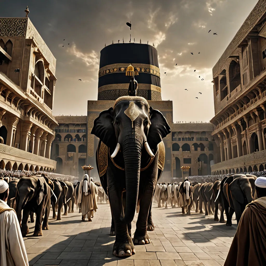 a large elephant walking down a street next to a crowd of people in front of a building with a large tower, a detailed matte painting, cinematic matte painting, hurufiyya, Altoon Sultan