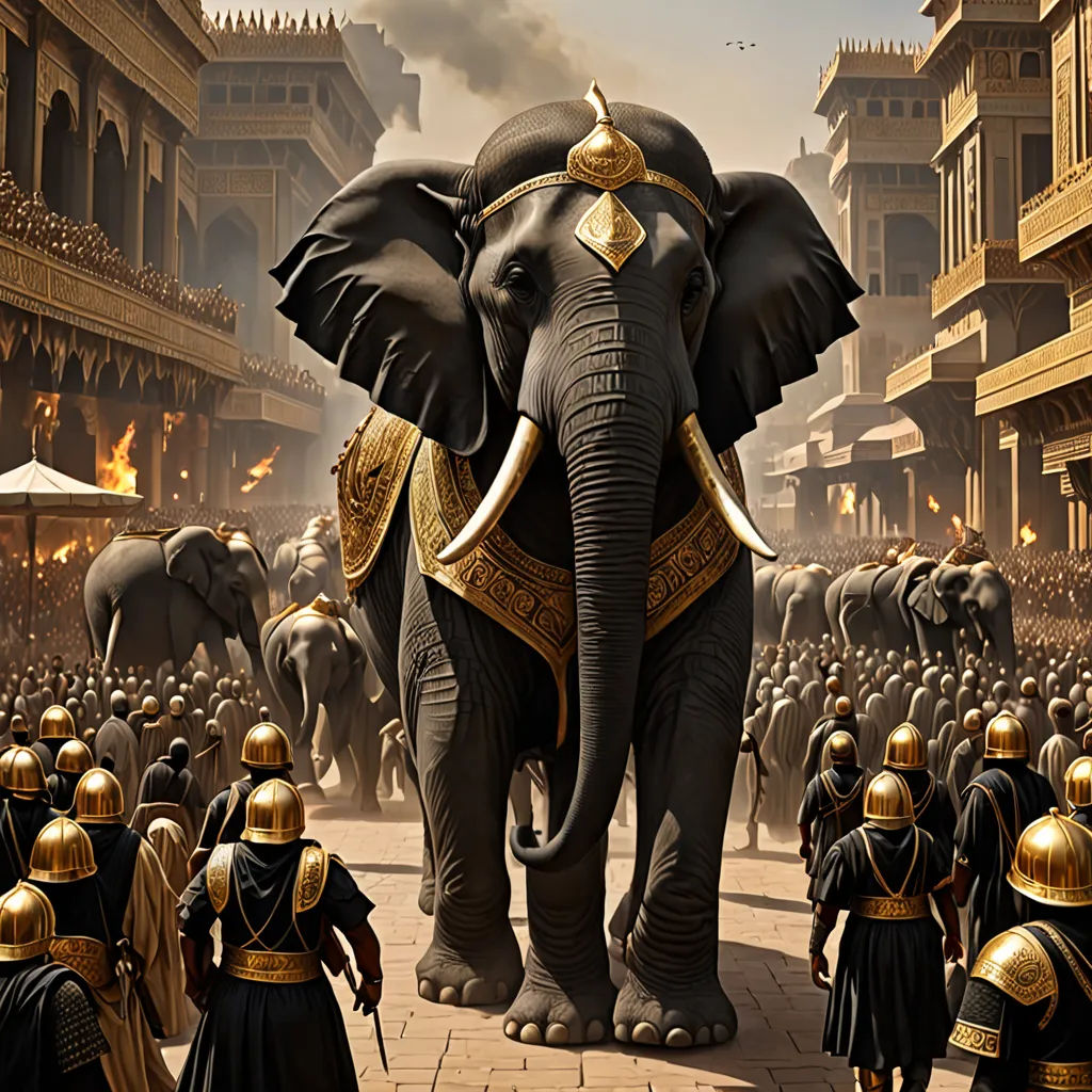 a large elephant with a crown on its head walking down a street with a crowd of people in black robes, a detailed matte painting, highly detailed digital art, sumatraism, Amédée Ozenfant