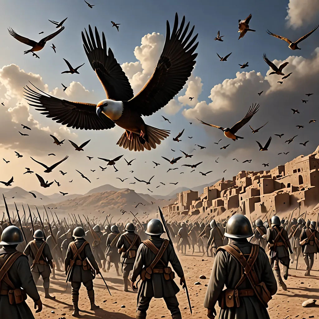 a painting of a group of soldiers with birds flying over them and a bird flying over them in the sky, a detailed matte painting, matte fantasy painting, fantasy art, Amir Zand