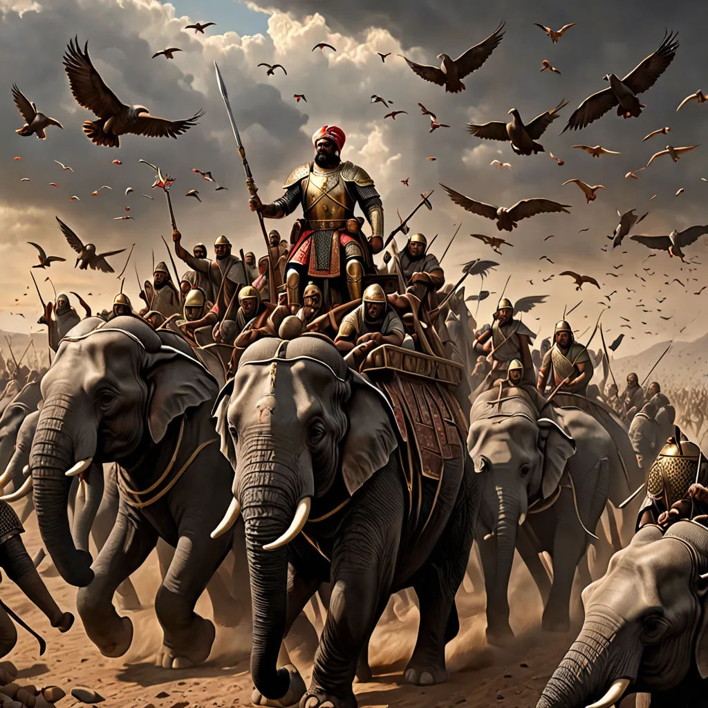 a painting of a man riding on the back of elephants with birds flying around him and a group of men riding on the back of elephants, a detailed matte painting, highly detailed digital painting, sumatraism, Chris LaBrooy