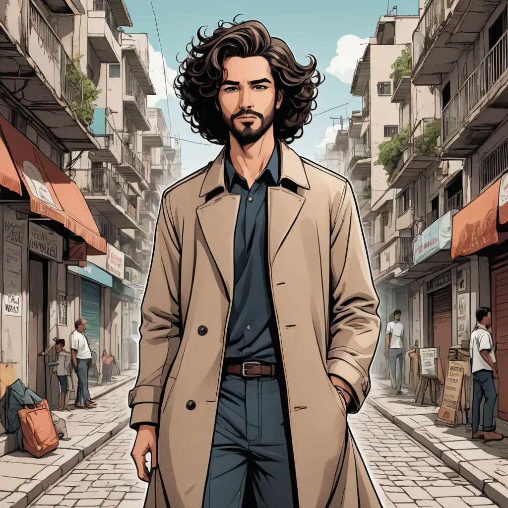 a man with a beard and a coat on a street in a city with people walking around him and a man with a beard, serial art, a comic book panel, Asaf Hanuka, graphic novel