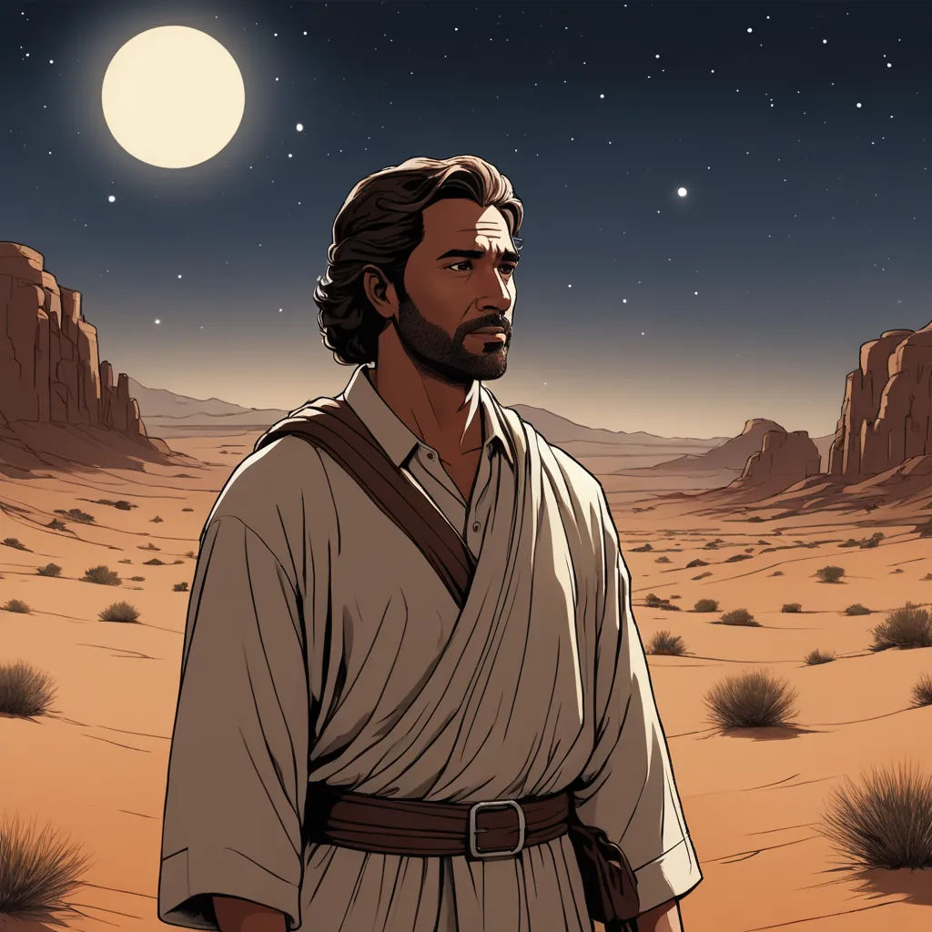a man in a desert with a desert landscape in the background and a full moon in the sky above, space art, a comic book panel, Asaf Hanuka, graphic novel