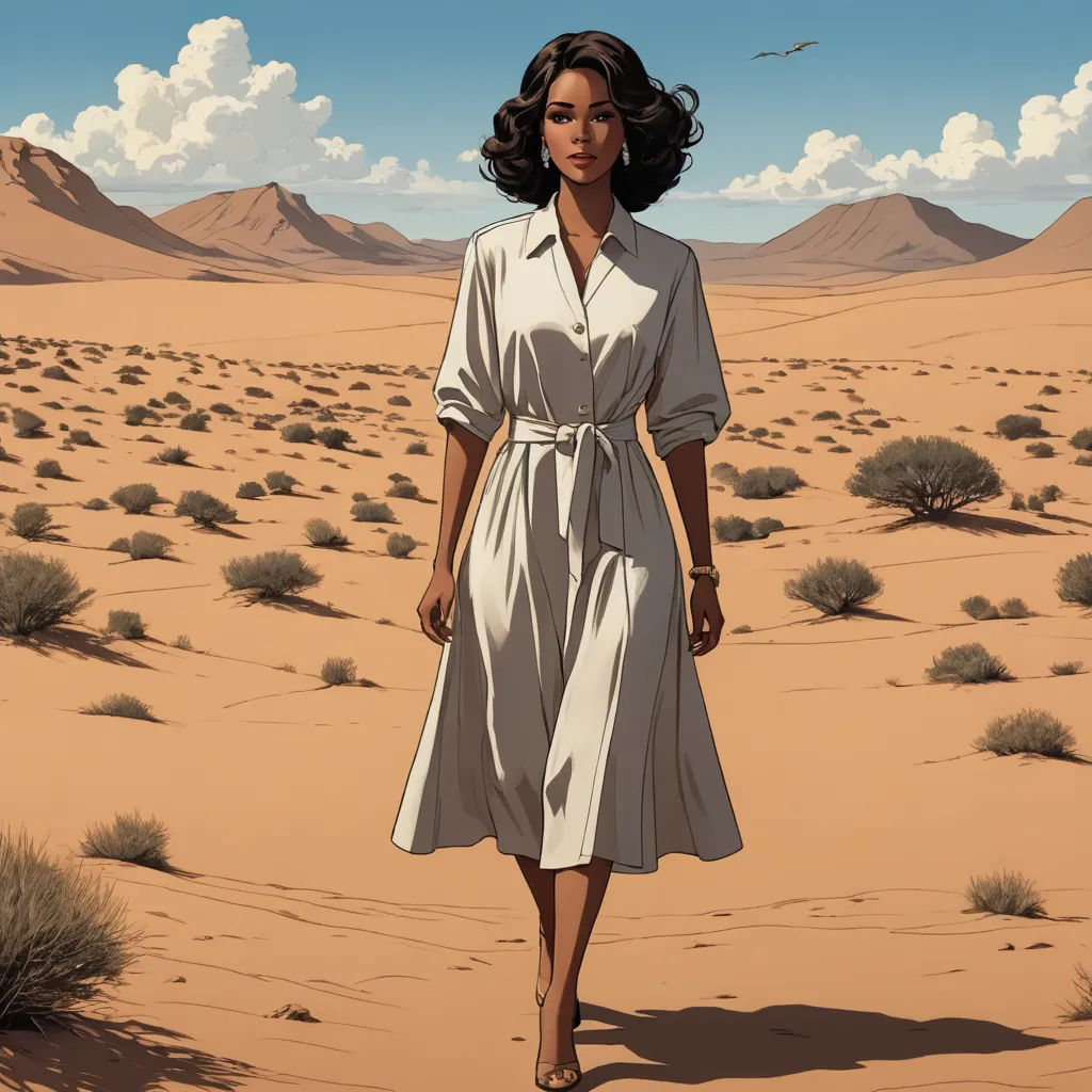 a woman in a white dress walking across a desert landscape with a bird flying overhead in the sky above, serial art, poster art, F. Scott Hess, desert