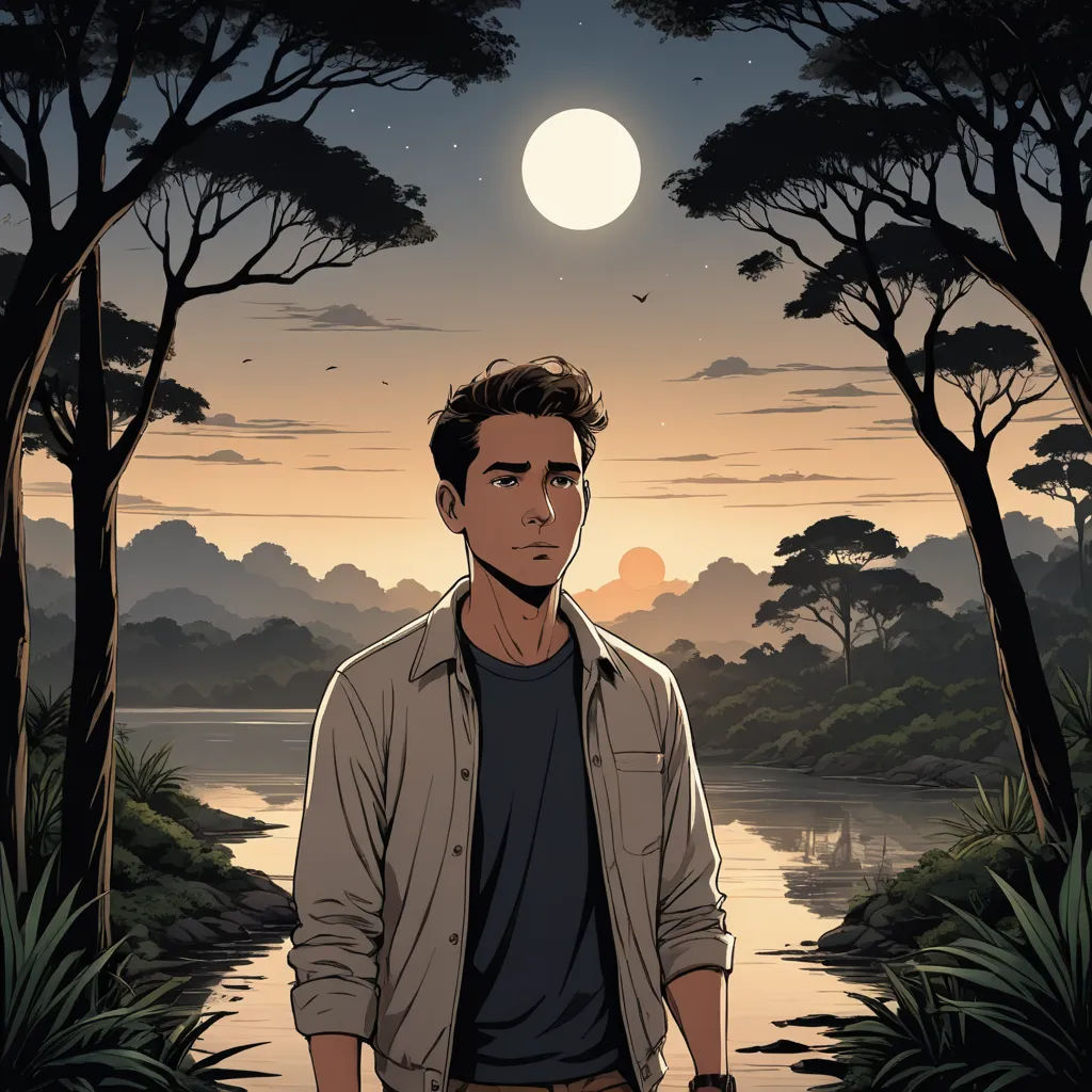 a man standing in front of a river under a full moon with trees around him and a bird flying overhead, serial art, poster art, Asaf Hanuka, graphic novel