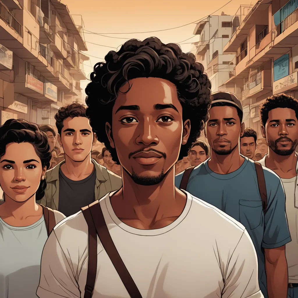 a group of people standing in a city with buildings in the background and a man with a camera on his shoulder, serial art, poster art, Asaf Hanuka, graphic novel