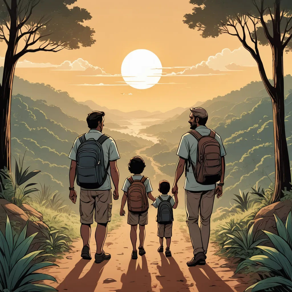 a man and two children walking down a path with a backpack on their backs, with the sun setting in the background, private press, a storybook illustration, Asaf Hanuka, comic cover art