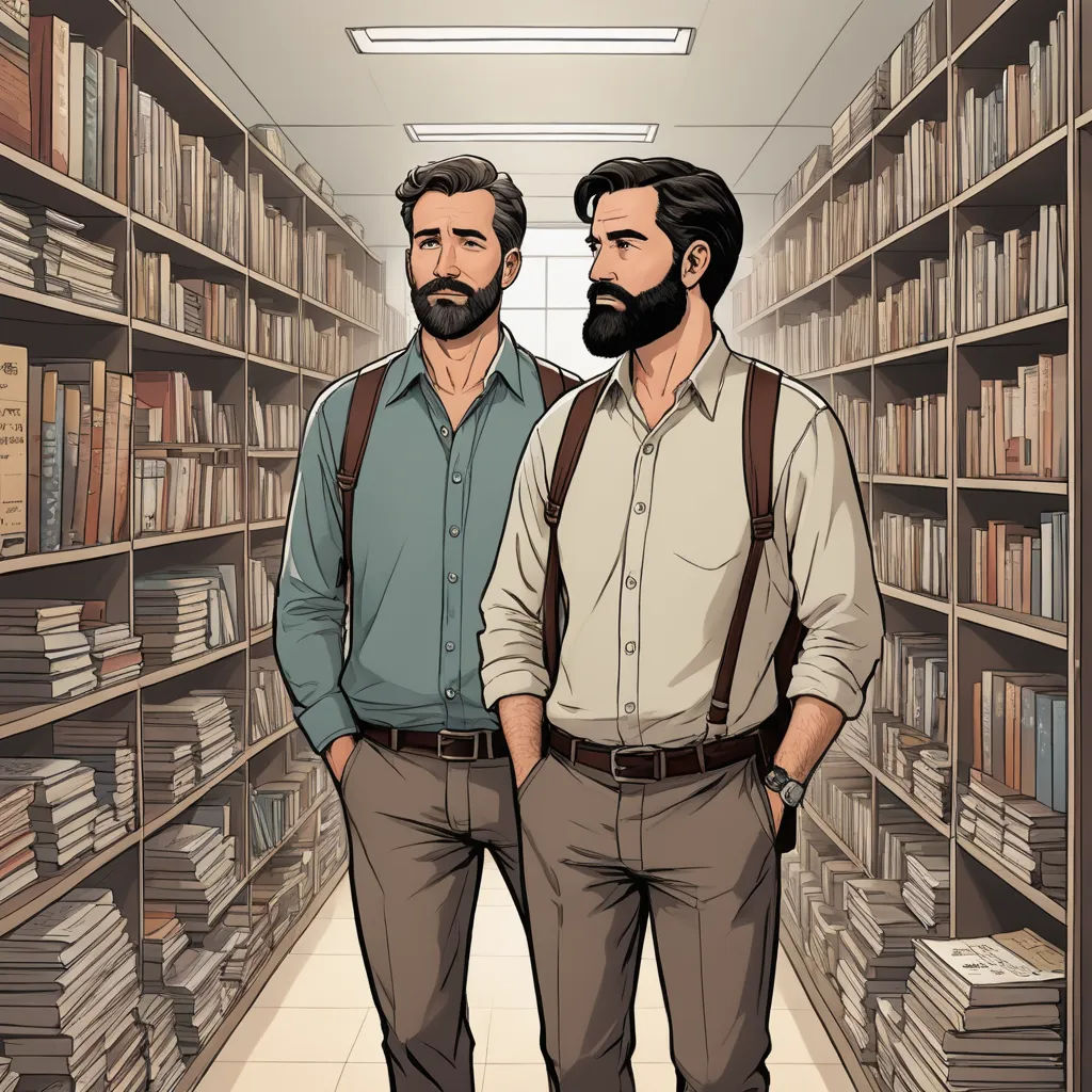 two men standing in a library with bookshelves full of books and books on the shelves behind them, art & language, a comic book panel, Art & Language, graphic novel