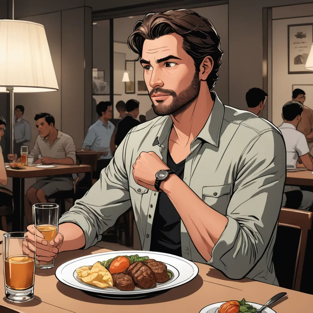 a man sitting at a table with a plate of food and a glass of orange juice in front of him, aestheticism, a comic book panel, Cedric Seaut (Keos Masons), official art