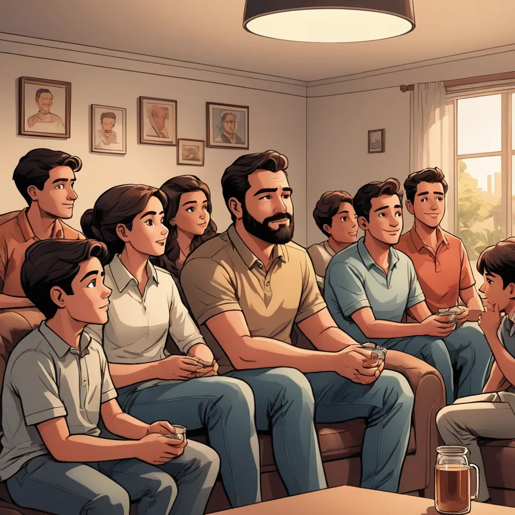 a group of people sitting on a couch watching a man with a beard holding a remote control in his hand, serial art, a comic book panel, Asaf Hanuka, official art