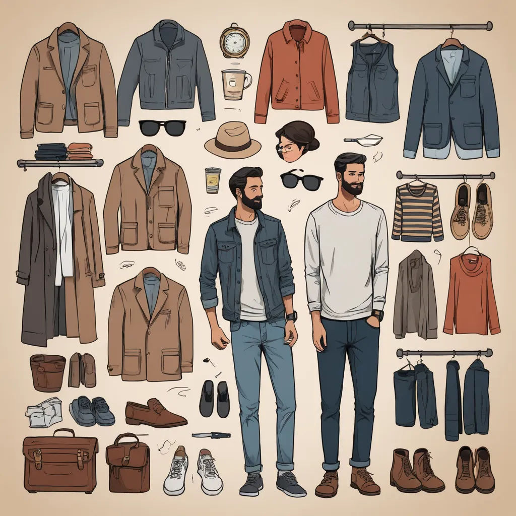 a man standing next to a bunch of clothes and shoes on a white background with a brown background and a brown background, postminimalism, a storybook illustration, Andries Both, fashion