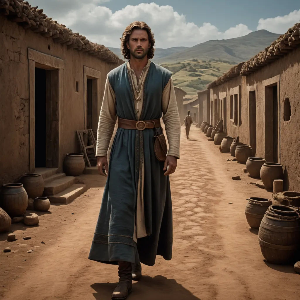 a man in a long blue dress walking down a dirt road in a village with clay pots and clay pots, antipodeans, a detailed matte painting, Andrei Rublev, promotional image