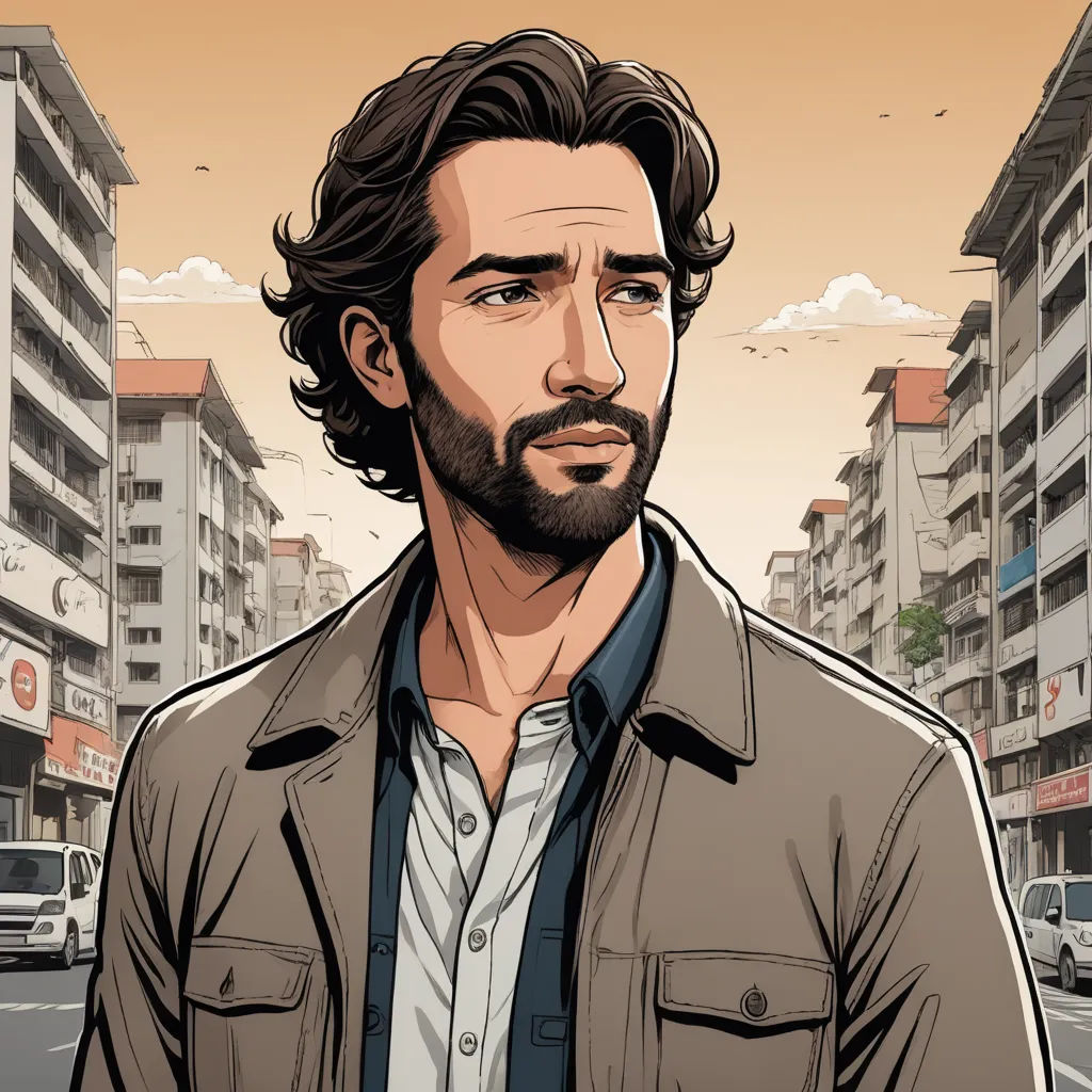 a man with a beard and a beard standing in front of a city street with buildings and cars on the street, serial art, a character portrait, Altoon Sultan, character portrait