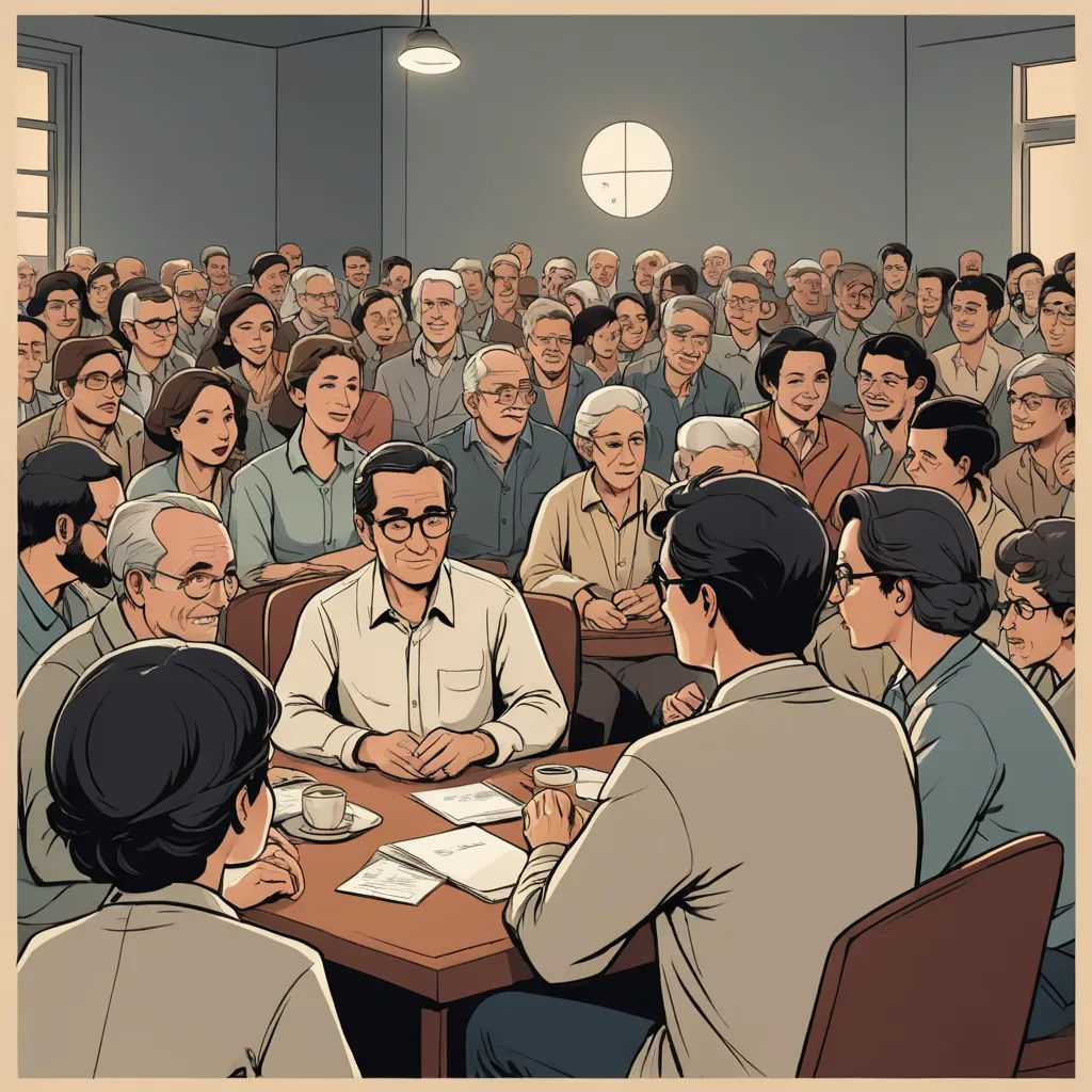 a group of people sitting around a table with papers and pens in front of them, with a man standing at the front of the table, serial art, a comic book panel, Basuki Abdullah, graphic novel