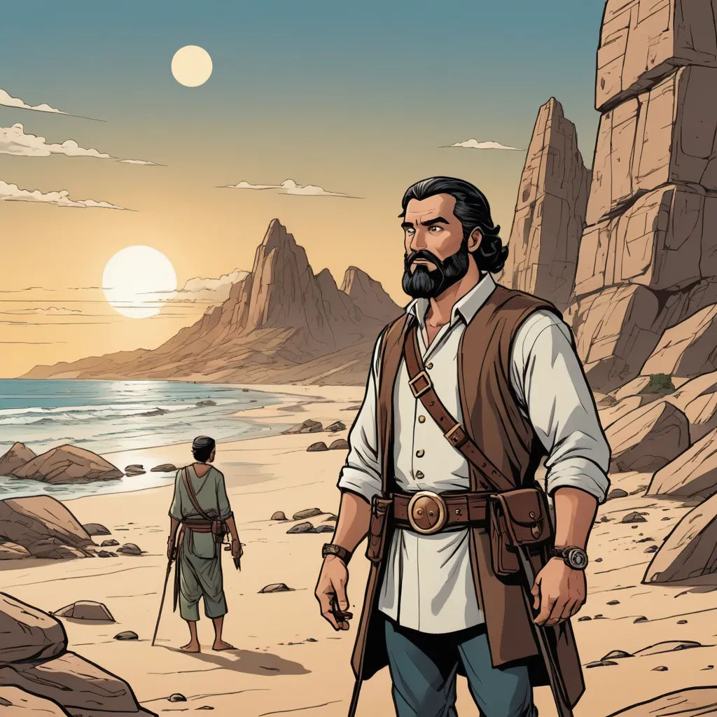 a man with a beard and a beard standing on a beach next to a man with a cane and a backpack, space art, a comic book panel, Diego Gisbert Llorens, western comic book art