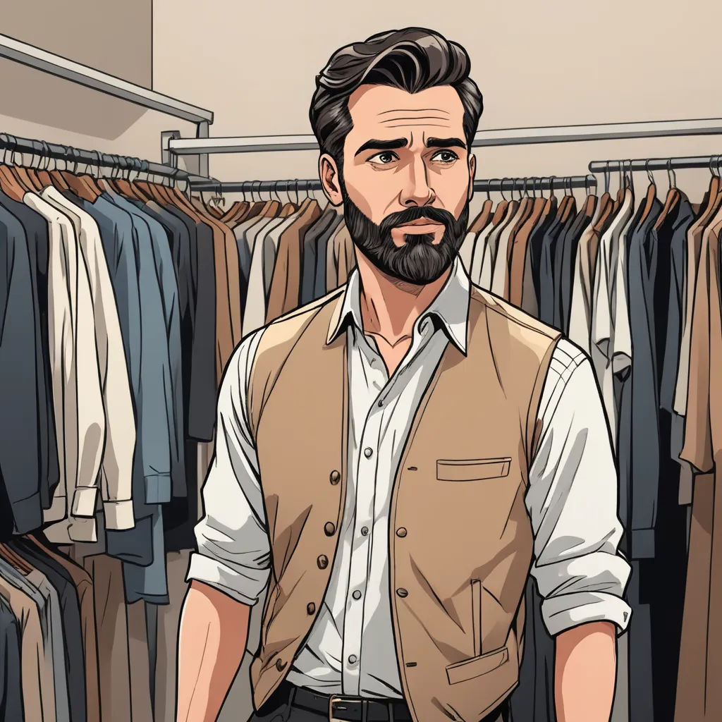 a man standing in front of a rack of shirts and vests in a clothing store with a beard, aestheticism, a character portrait, Christian Hilfgott Brand, character portrait