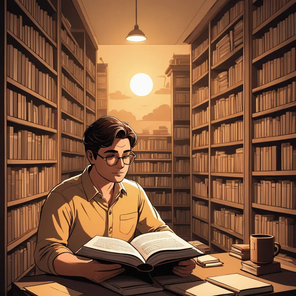 a man sitting at a table reading a book in a library with a lamp above him and a book on the table, academic art, a storybook illustration, Diego Gisbert Llorens, rossdraws global illumination