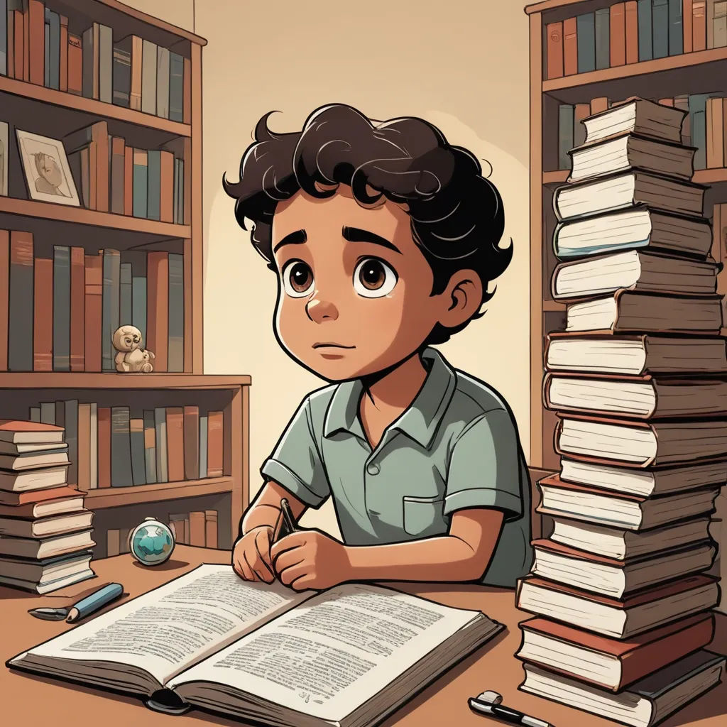 a boy sitting at a table with a book and a pen in front of him and a stack of books behind him, academic art, a character portrait, Diego Gisbert Llorens, character portrait